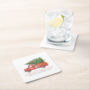 Custom Modern Firefighter Christmas Fire Truck  Square Paper Coaster