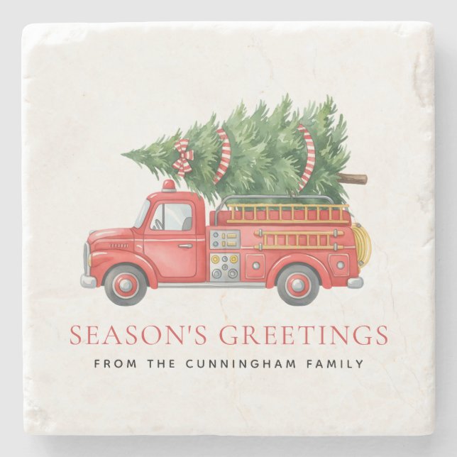 Custom Modern Firefighter Christmas Fire Truck  Stone Coaster (Front)