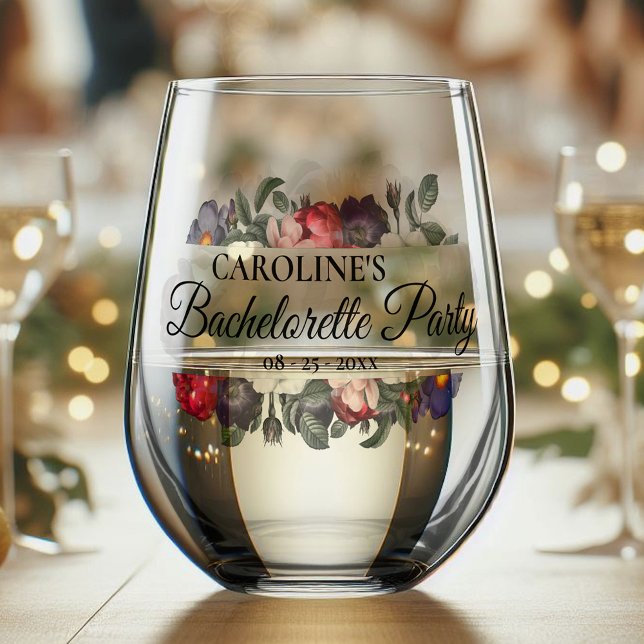 Custom Modern Floral Bride Bachelorette Party Date Stemless Wine Glass (Creator Uploaded)