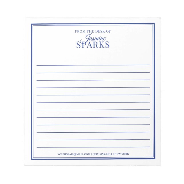 Custom Modern From the Desk of Name Lined Blue Notepad (Front)