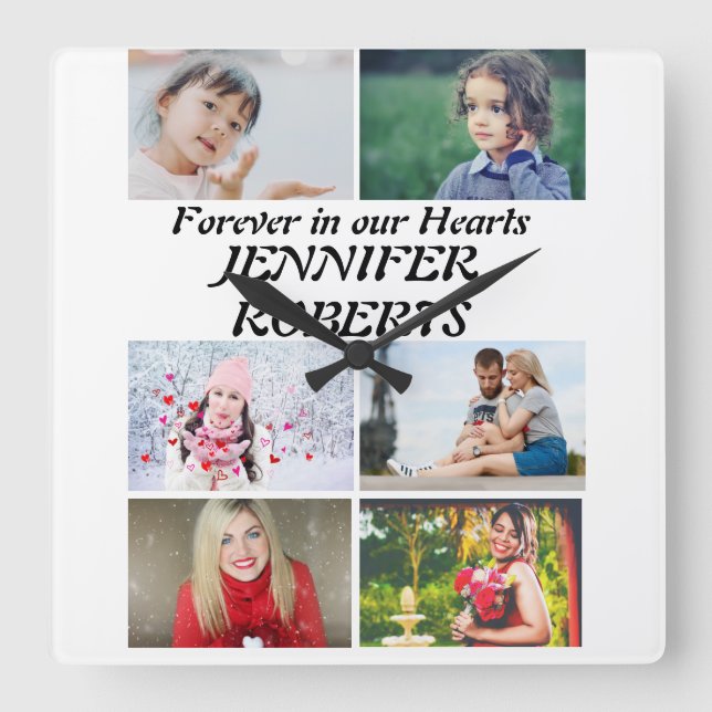 Custom modern Funeral 6 Photo Collage  Square Wall Clock (Front)