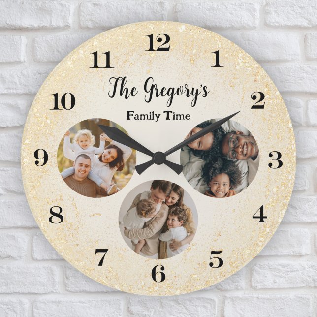 Custom Modern Gold 3 Photo Collage Fun Family Time Large Clock (Creator Uploaded)