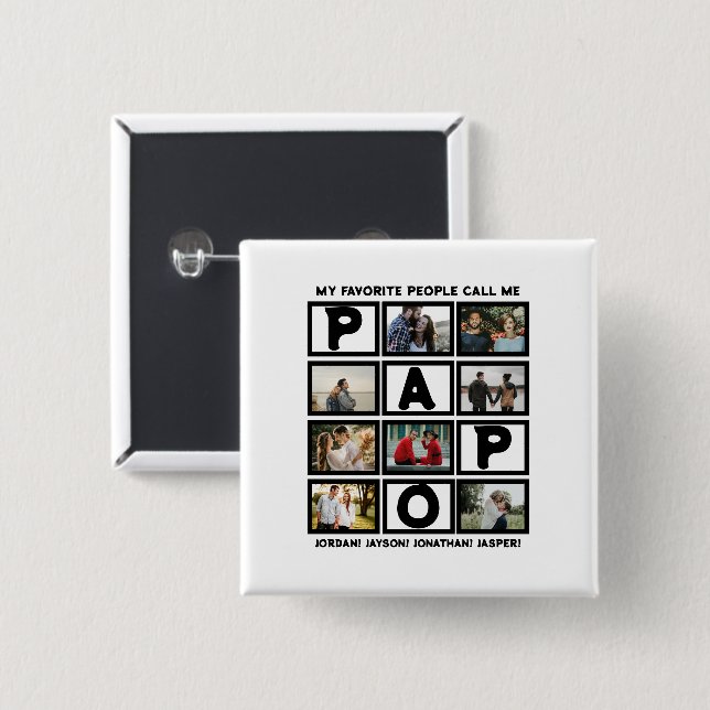 Custom Modern Grandpa Papo 8 Photo Collage 2 Inch Square Button (Front & Back)