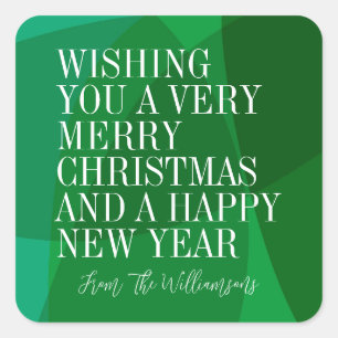 Custom Modern Green Geometric Christmas Greeting Square Sticker