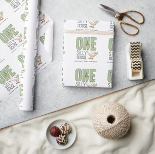Custom Modern Green One Silly Goose First Birthday Wrapping Paper