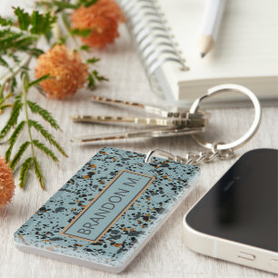 Custom Modern Grey Teal Blue Brown Black Terrazzo Keychain