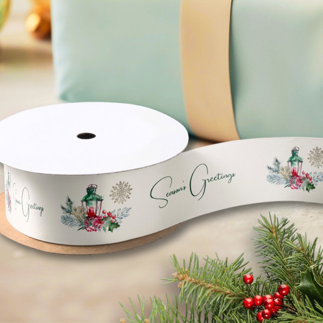 Custom Modern Lantern Foliage Holiday Christmas Satin Ribbon (Creator Uploaded)