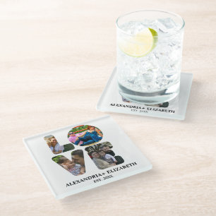 Custom modern love 4 photo collage for couples glass coaster