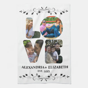 Custom modern love 4 photo collage for couples kitchen towel