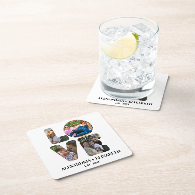 Custom modern love 4 photo collage for couples square paper coaster (Insitu)