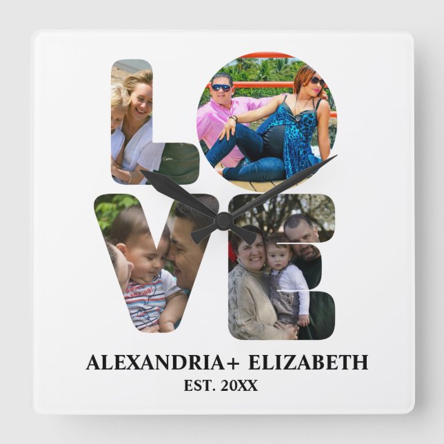 Custom modern love 4 photo collage for couples square wall clock (Front)