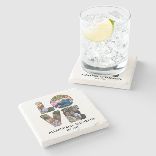 Custom modern love 4 photo collage for couples stone coaster (Side)