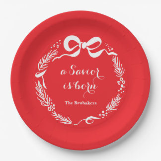 Custom Modern Luke 2 Scripture Red Christmas Paper Plate