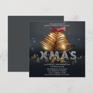 Custom Modern Merry Christmas Bells Black Gold Red Invitation