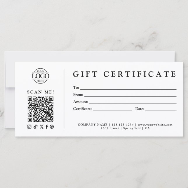 Custom Modern Minimalist Business Gift Certificate (Front)