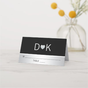 Custom Modern Monogram Black Silver Heart Wedding Place Card