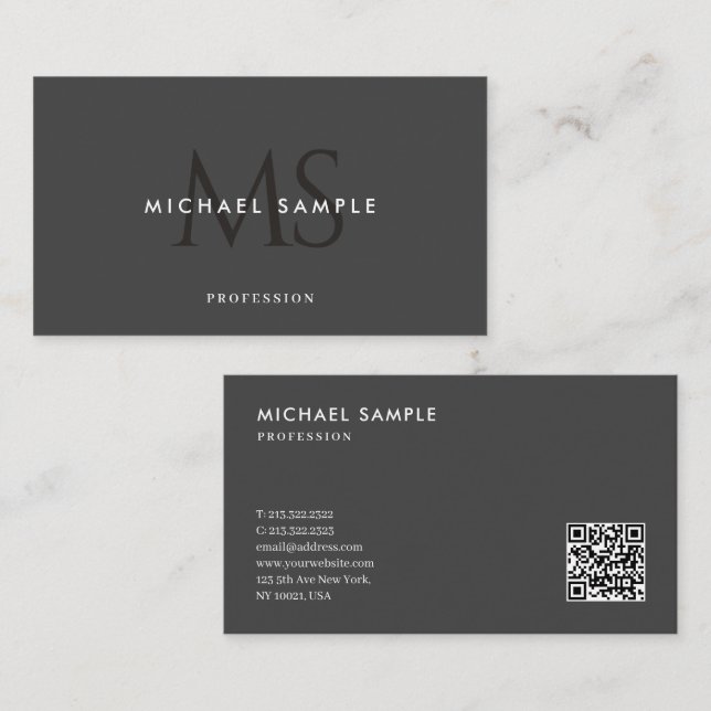 Custom Modern Monogram QR Code Elegant Black Grey Business Card (Front/Back)