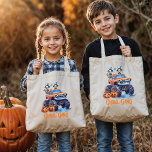 Custom Modern Monster Truck Ghoul Gang Halloween Tote Bag<br><div class="desc">Join the “Ghoul Gang” with this spooktacular personalized tote bag, perfect for kids’ trick-or-treating adventures or a Halloween-themed birthday bash! Featuring a whimsical watercolor design, this tote showcases a crew of skeletons riding a monster truck, flanked by bats and pumpkins under a moonlit sky. The funny quote “Ghoul Gang” in...</div>