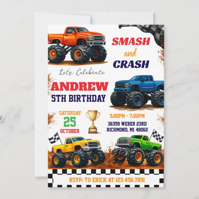 Custom Modern Monster Truck Kids Party Birthday Invitation (Front)