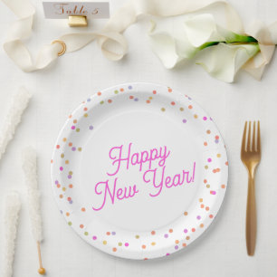 Custom Modern Multicolor Dots Happy New Year  Paper Plate