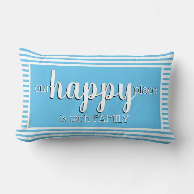 Custom Modern My Happy Place Family Blue Stripe Lumbar Pillow (Front)