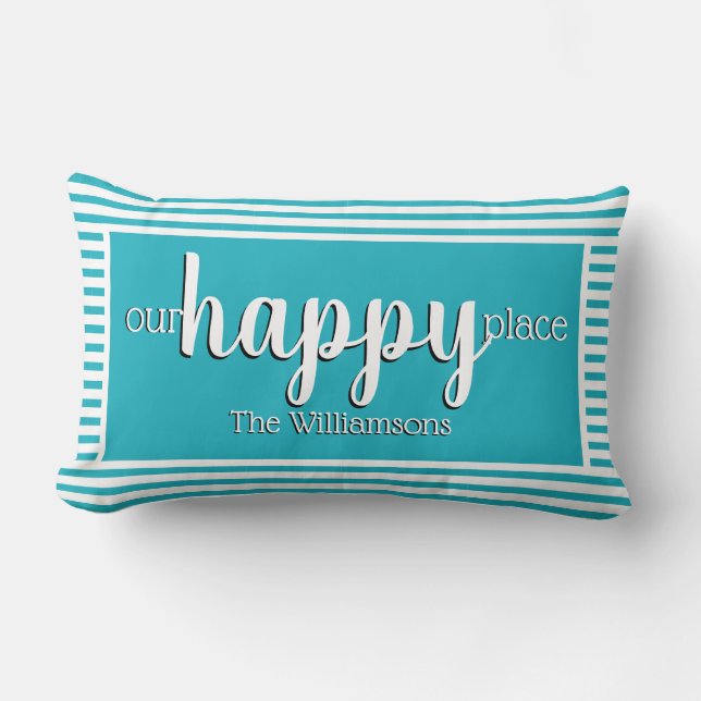 Custom Modern My Happy Place Teal Stripe Lumbar Pillow (Front)