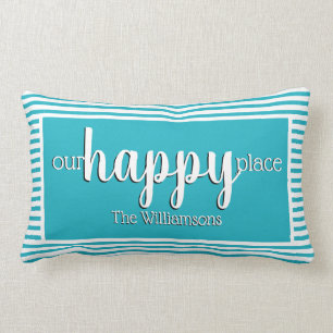 Custom Modern My Happy Place Teal Stripe Lumbar Pillow