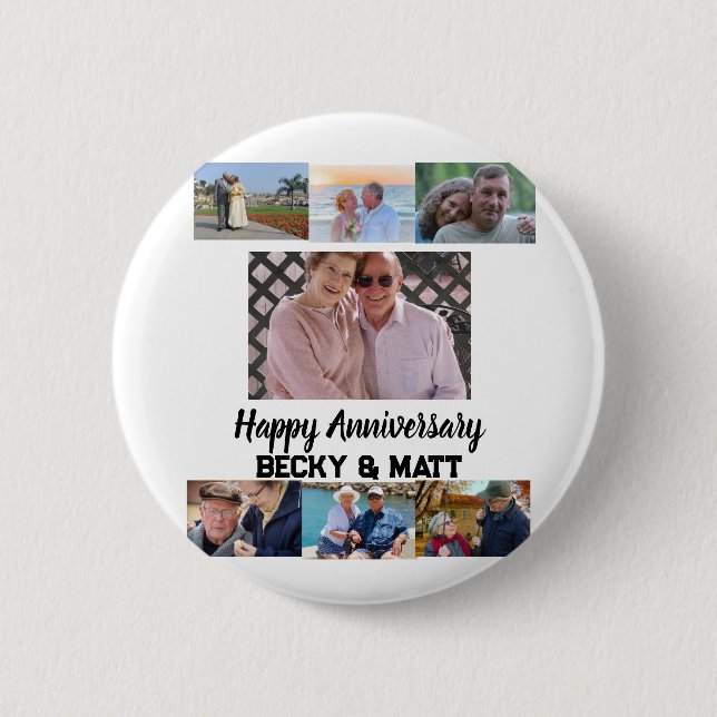 Custom Modern Name 7 Photo Anniversary   2 Inch Round Button (Front)