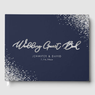 Custom Modern Navy Blue and Silver Glitter Wedding Guest Book