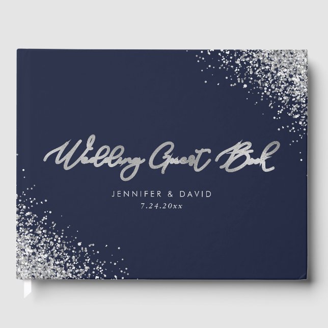 Custom Modern Navy Blue and Silver Glitter Wedding Guest Book (Front)