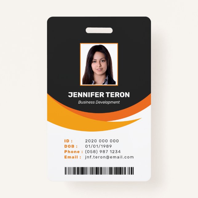 Custom Modern Orange Employee ID Card with barcode Badge (Front)