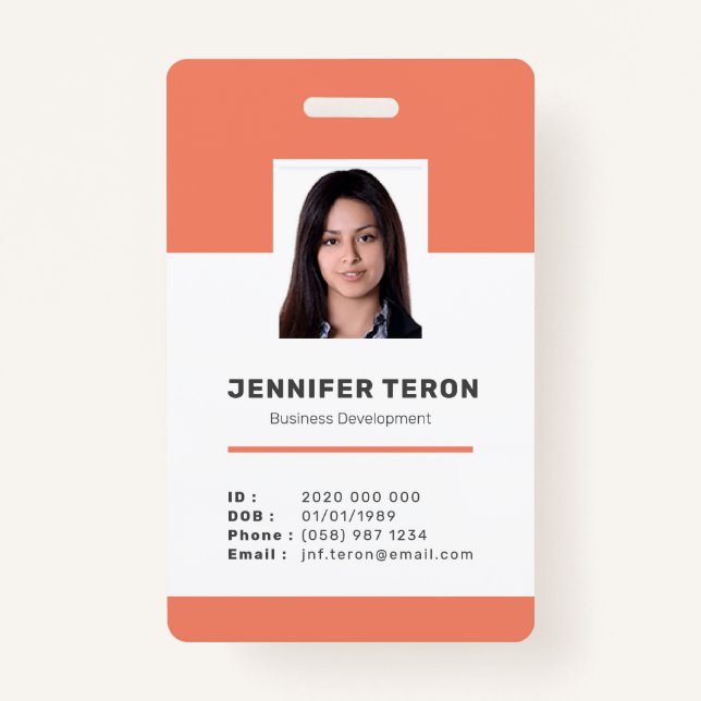 Custom Modern Orange Employee ID Card with barcode Badge (Front)
