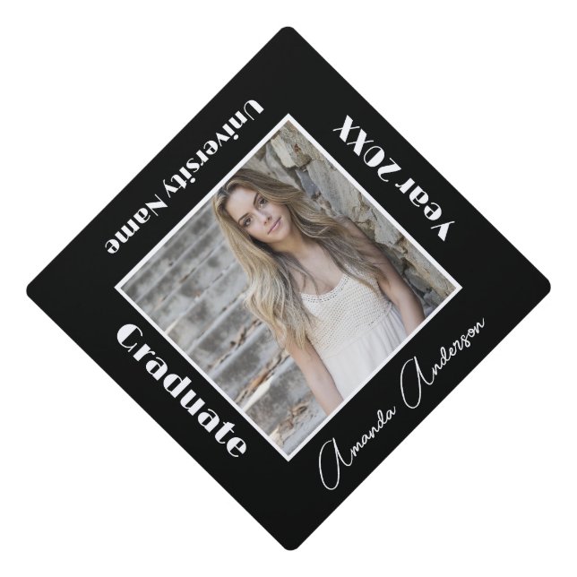 Custom Modern Photo Graduate Minimal Black  Graduation Cap Topper (Front)