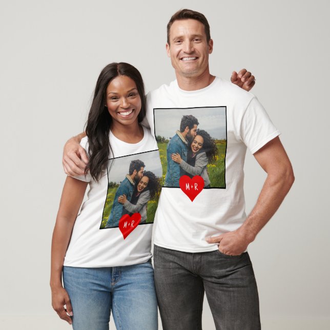 Custom Modern Photo Heart Monogram Initial Couple T-Shirt (Unisex)