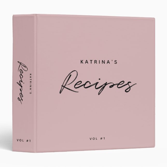 Custom Modern Pink Black Minimalist Script Recipe  Binder (Front/Spine)