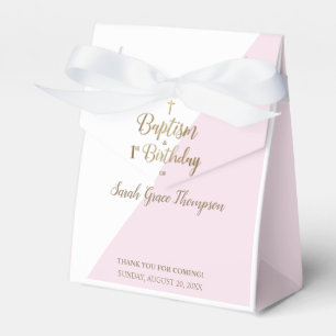 Custom Modern Pink Gold Cross Baptism 1st Birthday Favor Box