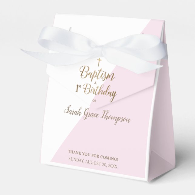 Custom Modern Pink Gold Cross Baptism 1st Birthday Favor Box (Front Side)