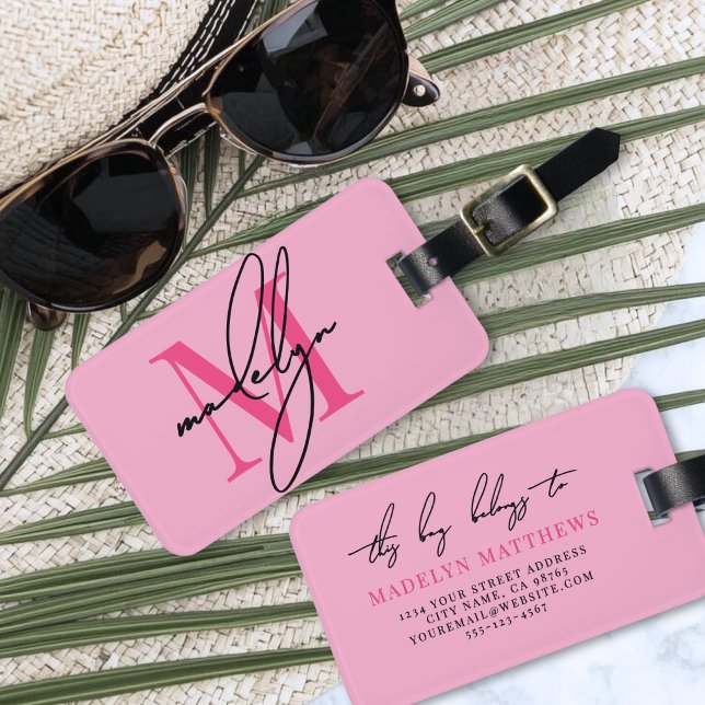 Custom Modern Pink Initial Name Monogram Luggage Tag (Custom Modern Pink Initial Name Monogram Luggage Tag )