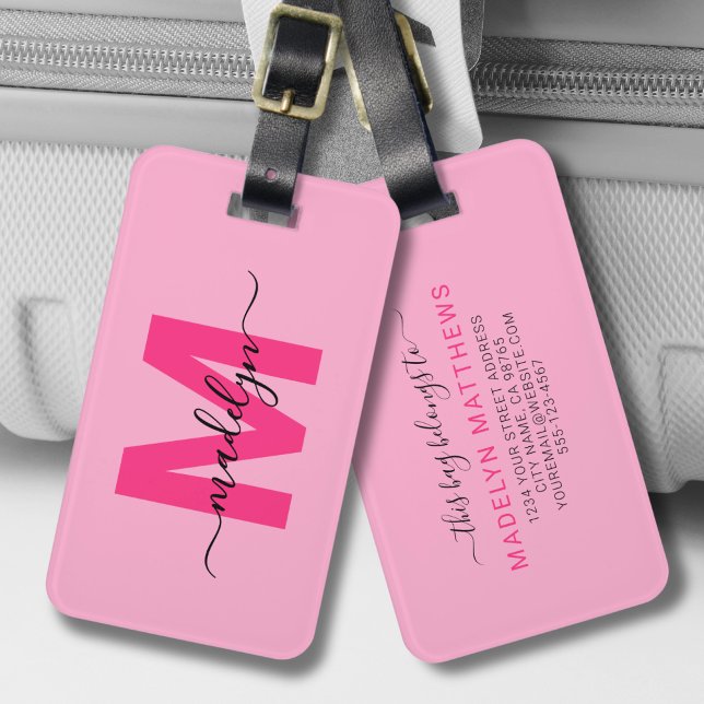 Custom Modern Pink Initial Name Monogram Luggage Tag (Custom Modern Pink Initial Name Monogram Luggage Tag )