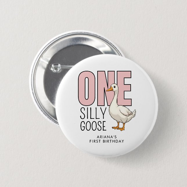 Custom Modern Pink One Silly Goose First Birthday 2 Inch Round Button (Front & Back)