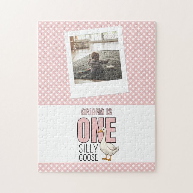 Custom Modern Pink One Silly Goose First Birthday Jigsaw Puzzle (Vertical)