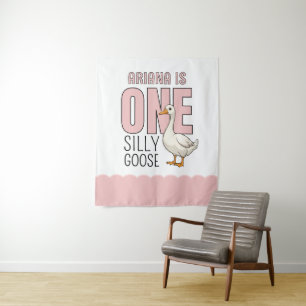 Custom Modern Pink One Silly Goose First Birthday Tapestry