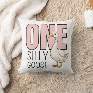Custom Modern Pink One Silly Goose First Birthday Throw Pillow