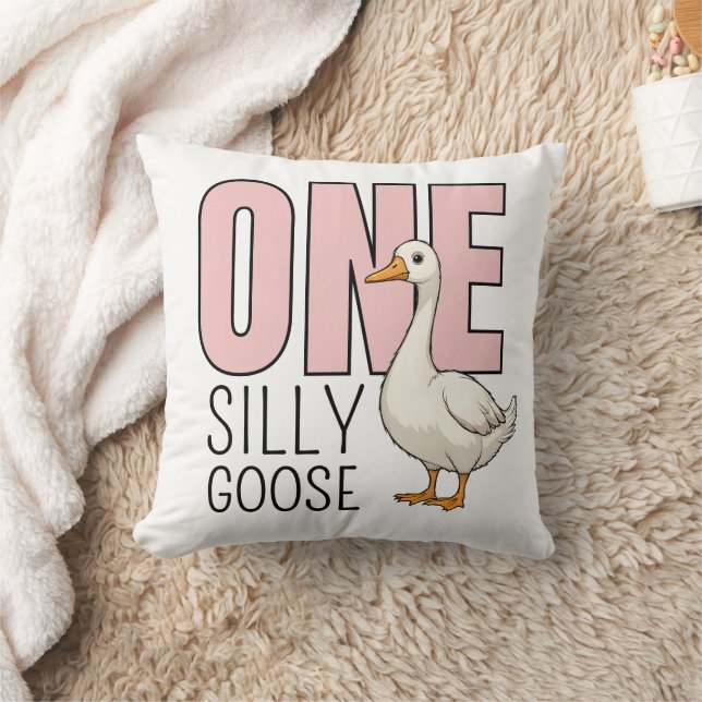 Custom Modern Pink One Silly Goose First Birthday Throw Pillow (Blanket)