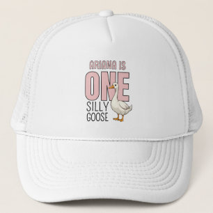 Custom Modern Pink One Silly Goose First Birthday Trucker Hat