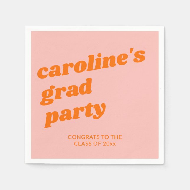 Custom Modern Pink Orange Retro Graduation Party Napkin (Front)
