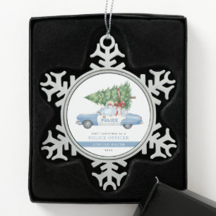 Custom Modern Police Officer First Christmas Snowflake Pewter Christmas Ornament