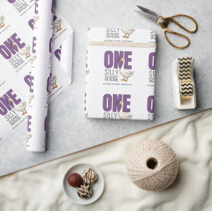 Custom Modern Purple One Silly Goose 1st Birthday Wrapping Paper