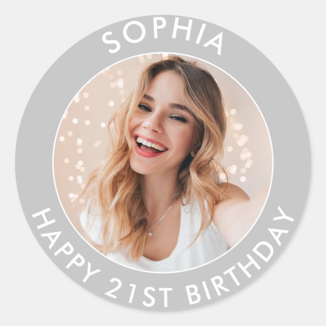Custom Modern Simple Happy 21st Birthday Photo Classic Round Sticker (Front)
