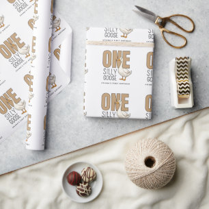 Custom Modern Taupe One Silly Goose 1st Birthday Wrapping Paper